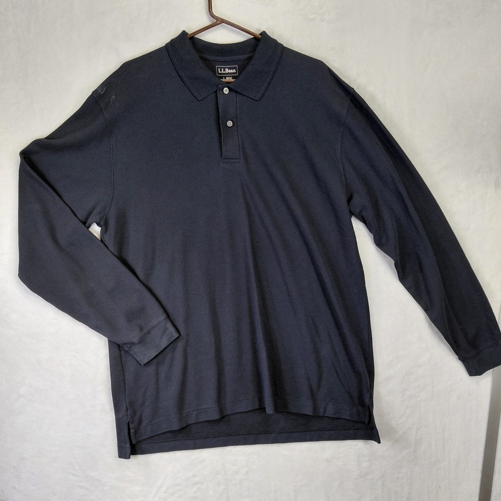 LL Bean Mens Long Sleeve Polo Shirt Navy Blue 100% Cotton Pique Large 236477